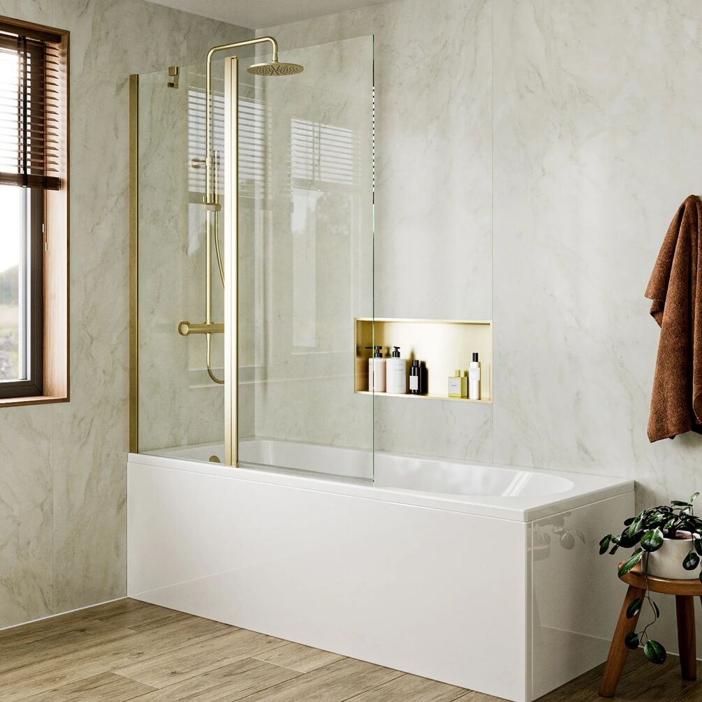 Lifestyle image of Crosswater Clear 6 Brushed Brass Double Panel Hinged Bath Screen